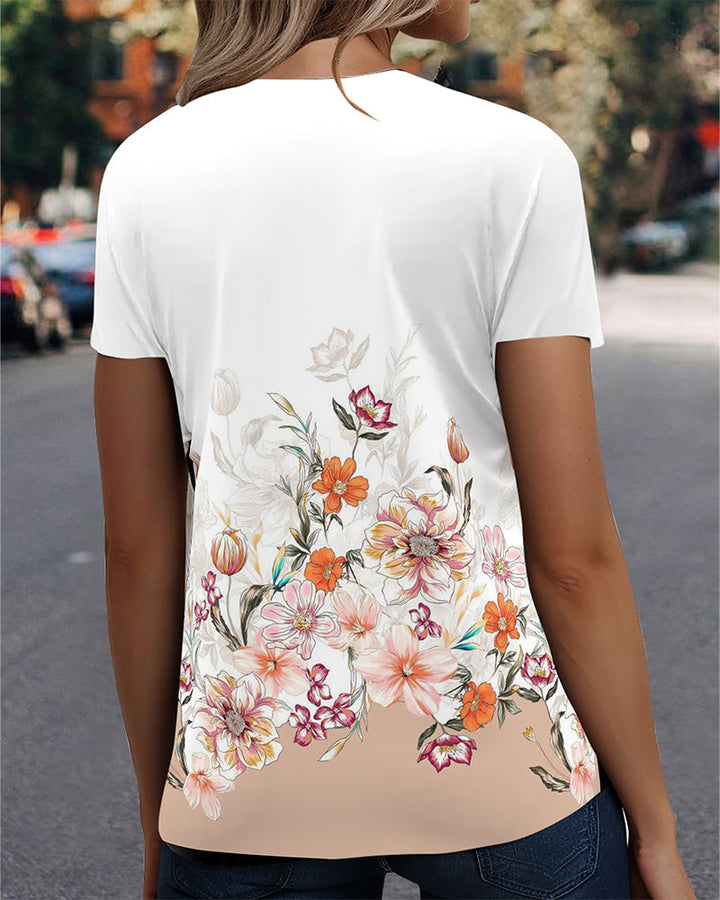 T-Shirt Imprimé Col En V Décontracté Manches Courtes