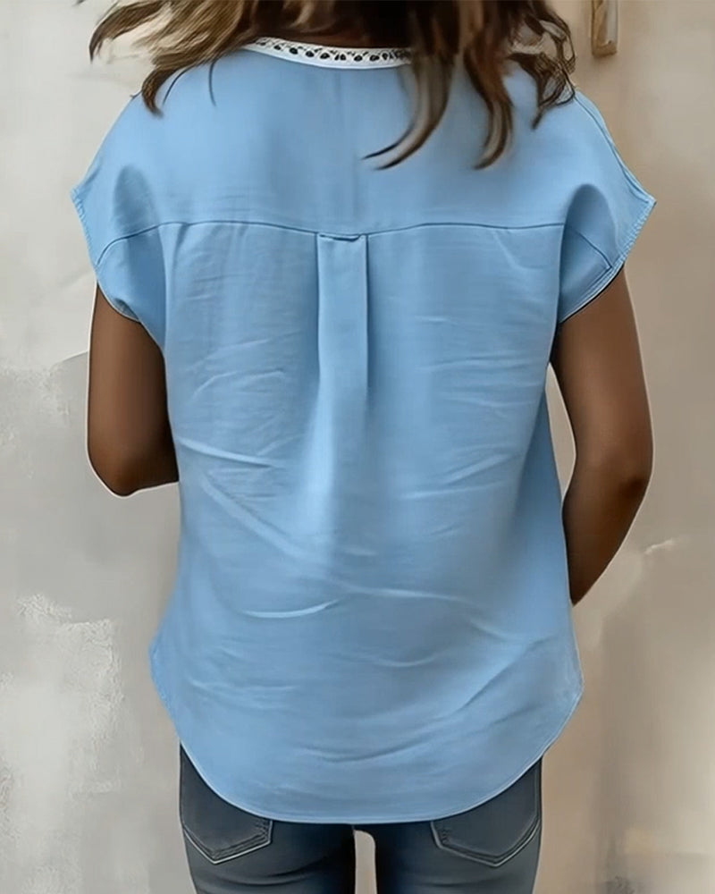 T-Shirt À Col En V Avec Motif Ajouré En Coton Et Lin