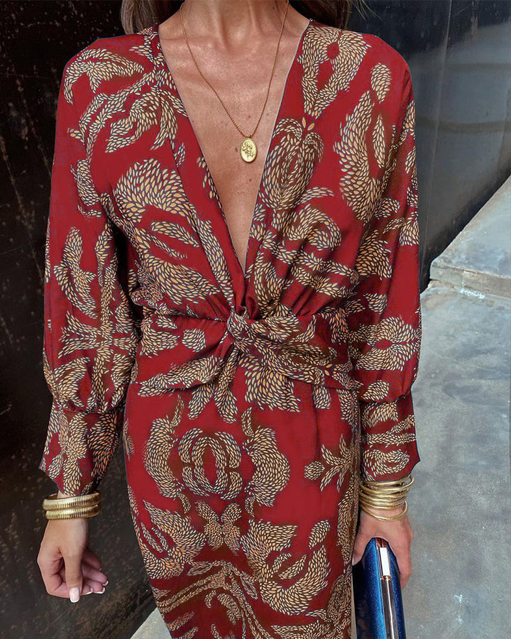 Robe élégante à manches longues et col en V imprimé vintage