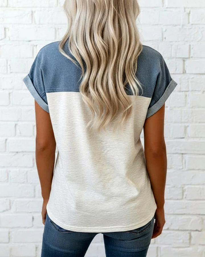 T-Shirt Boutonnage Patchwork Col Retourné