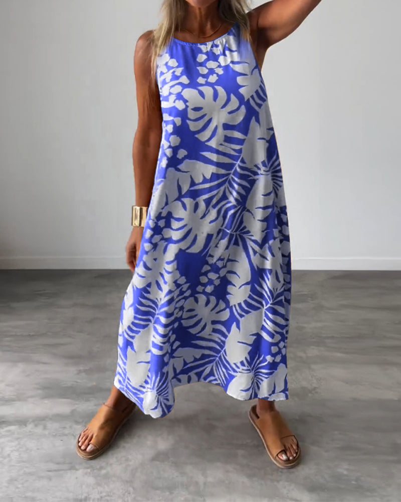 Robe décontractée sans manches à imprimé feuilles
