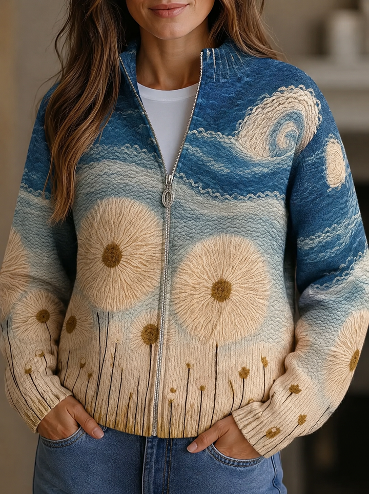 Yolanda | Cardigan Zippé Matelassé Prairie de Pissenlits