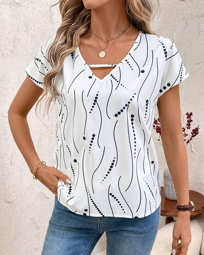 T-Shirt Col V Manches Courtes Imprimé