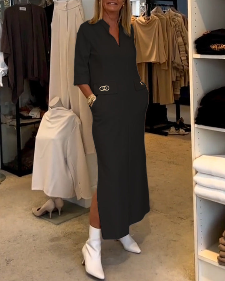 Robe fendue à manches 3/4 de couleur unie