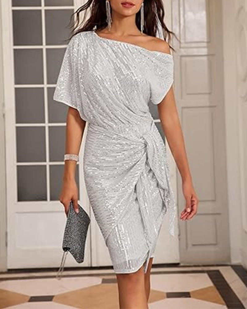Robe élégante à paillettes avec col en V et épaules dénudées