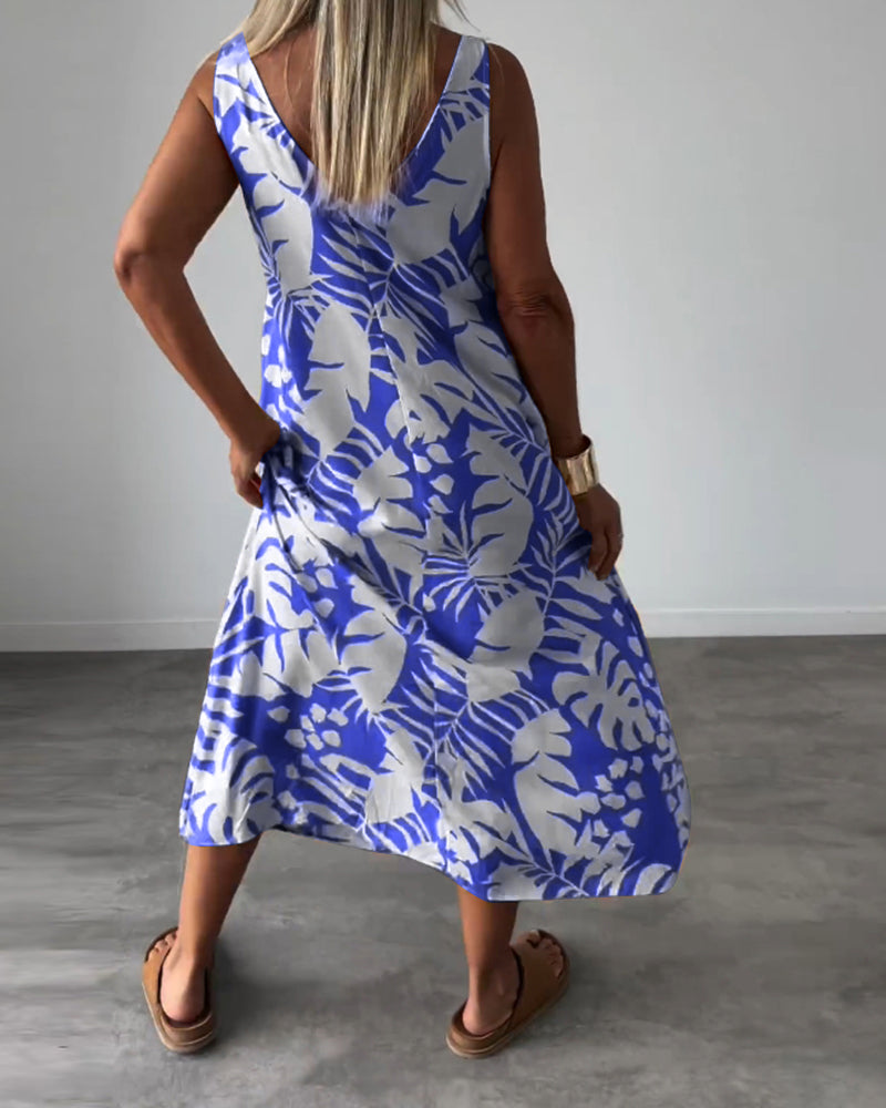 Robe décontractée sans manches à imprimé feuilles