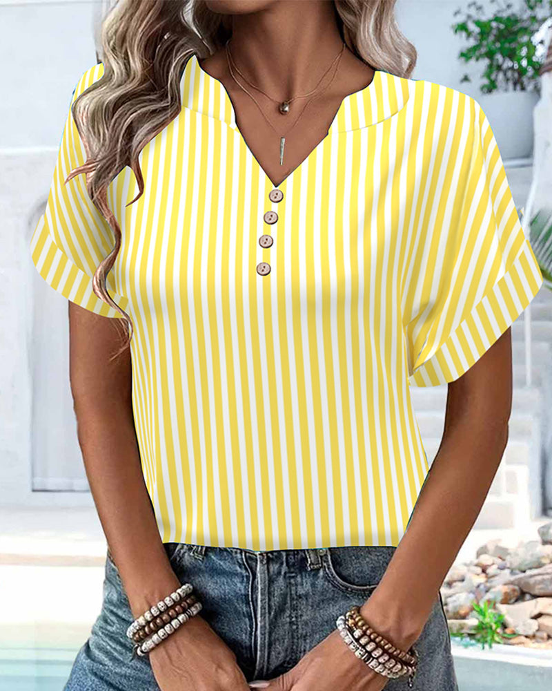 T-Shirt À Col En V Rayée Bloc De Couleurs