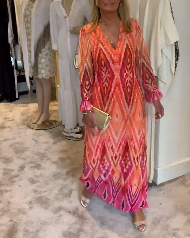 Robe à manches longues en V profond à imprimé géométrique rétro