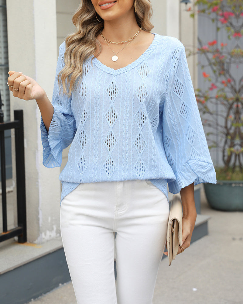 Haut Motif Losange Creux Manches Trompette