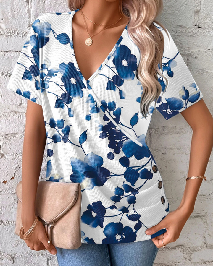 T-shirt col V Imprimé Gaufre Pli Croisé