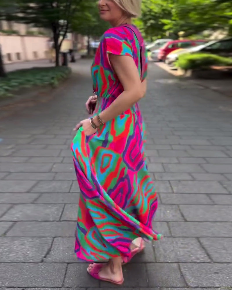 Robe longue col V imprimé coloré manches raglan