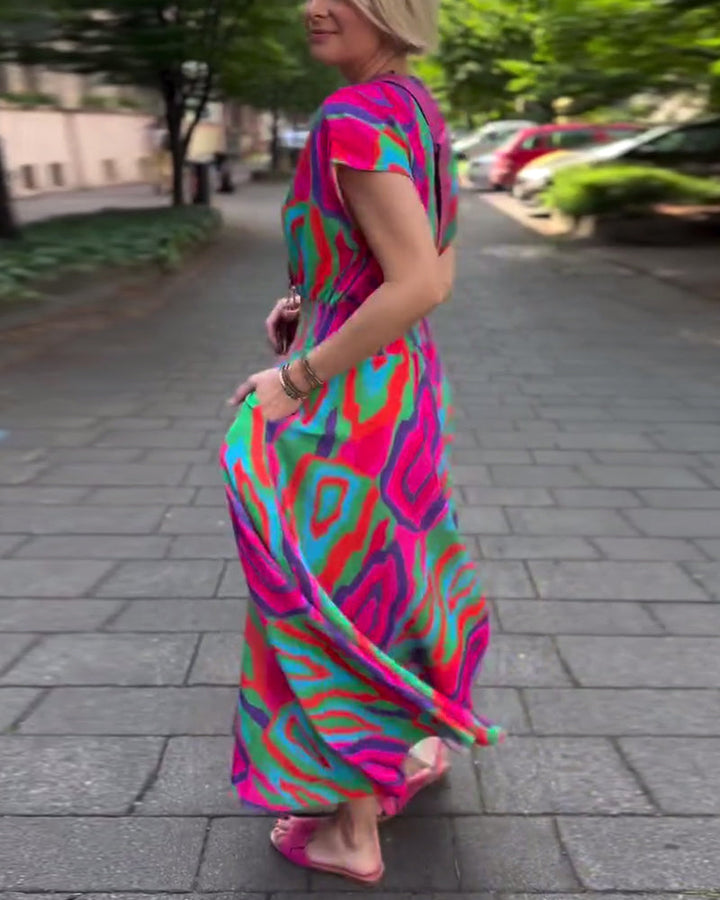 Robe longue col V imprimé coloré manches raglan