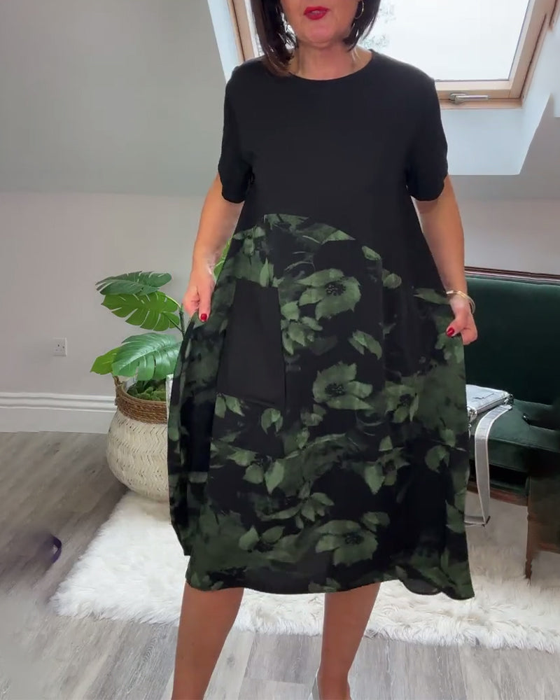 Robe patchwork décontractée à imprimé floral et col rond