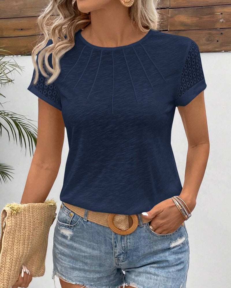 T-Shirt Col Rond Couleur Unie À Manches Courtes
