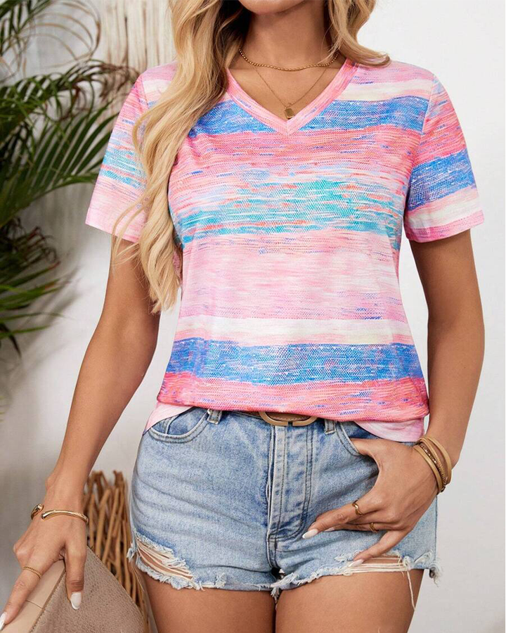 T-Shirt Col En V Rayé Multicolore Polyvalent