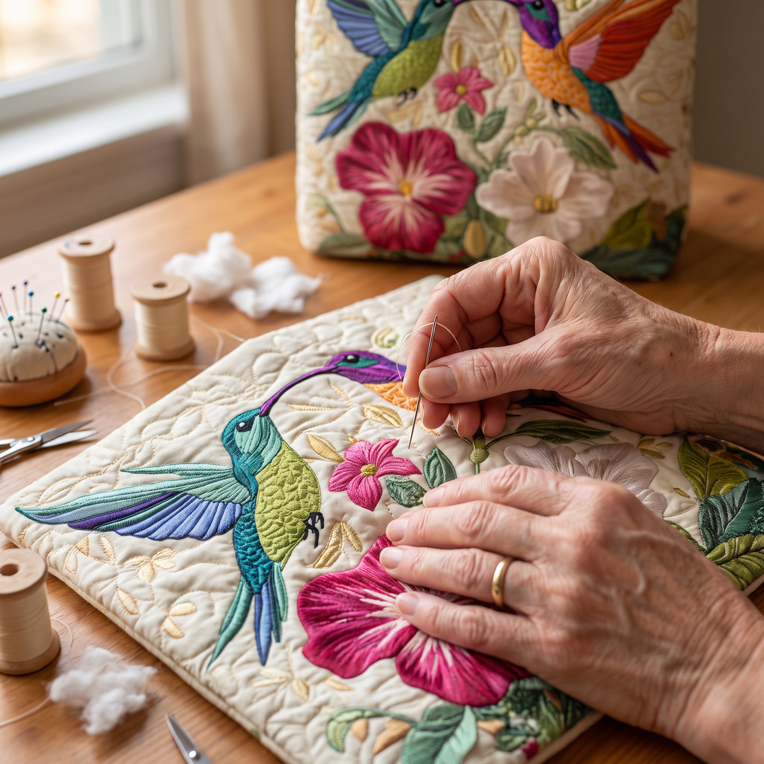 Sac Matelassé - Colibri et Fleurs Blanches