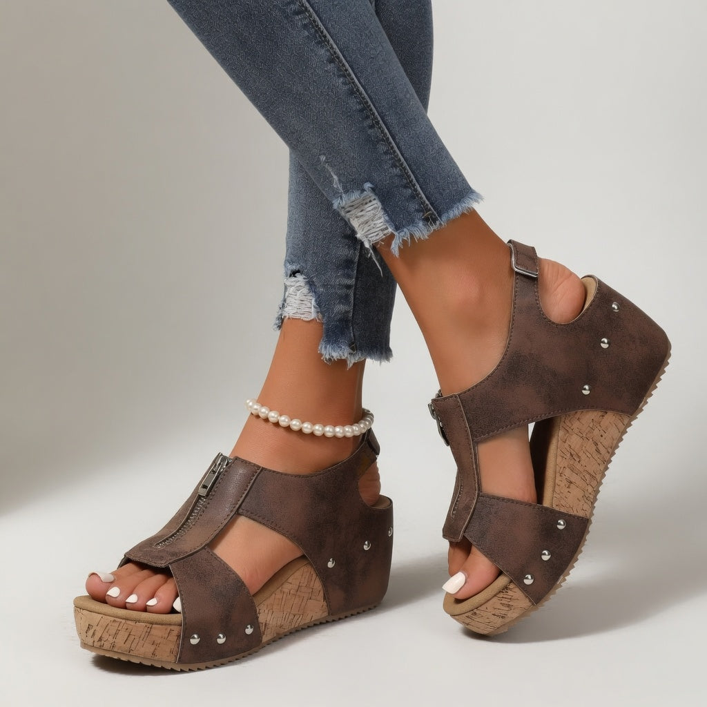 Philomène™ — Sandale compensée rivet style bohème naturel