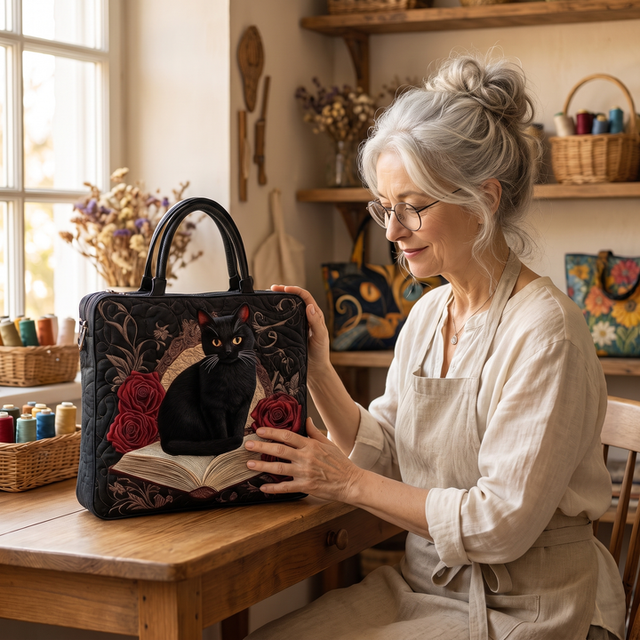 Sac Artisanal Matelassé - Chat Noir sur les Livres