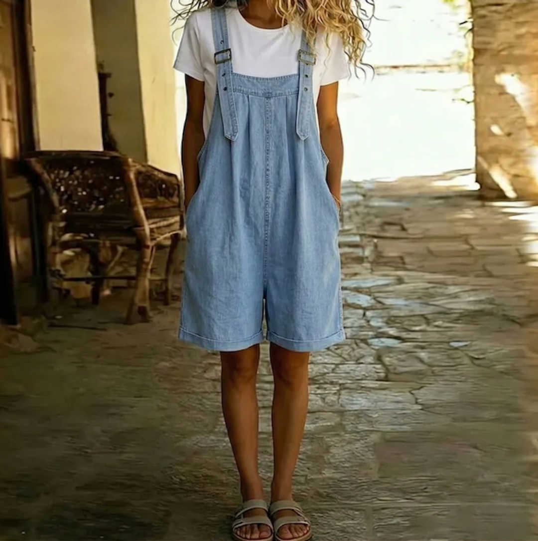 Ondine | Salopette courte en jean bleu clair