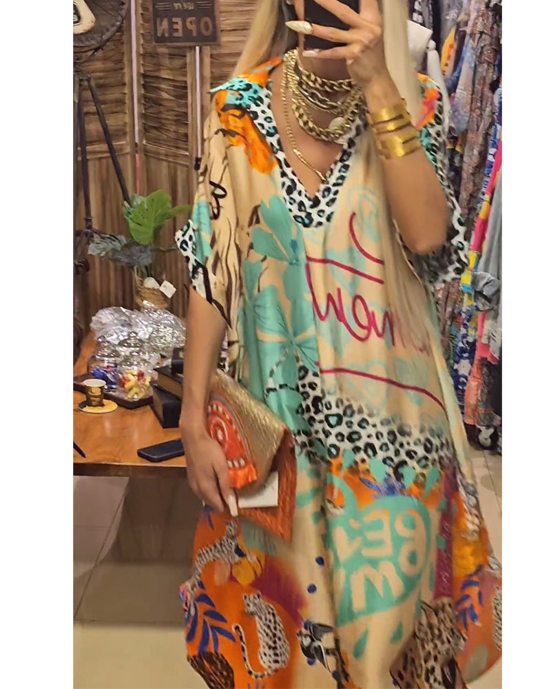 Robe décontractée en V profond à imprimé léopard et coloré