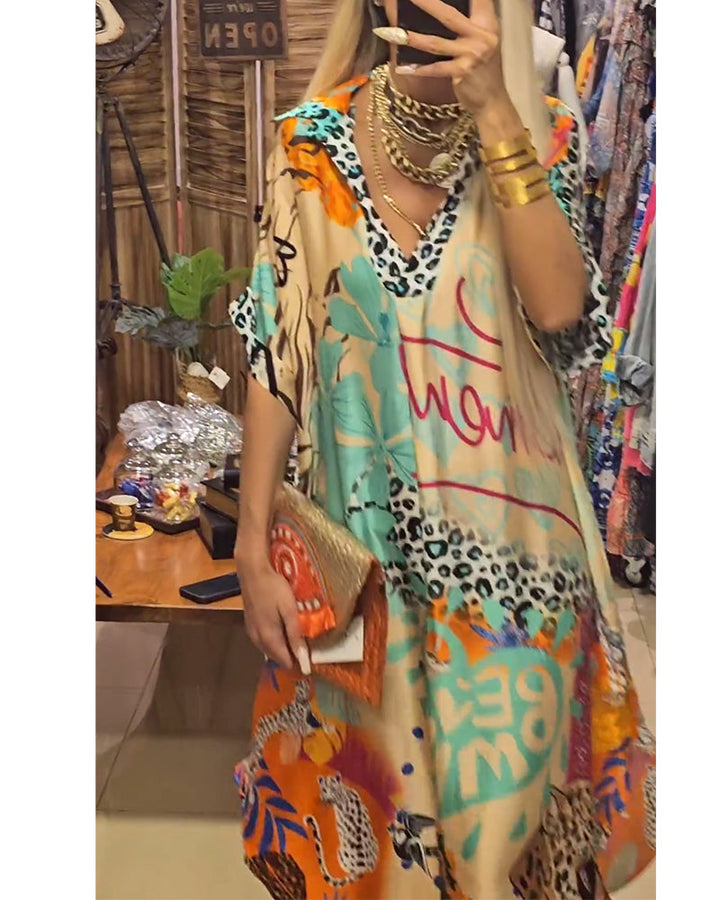 Robe décontractée en V profond à imprimé léopard et coloré