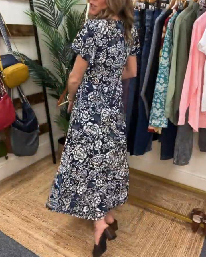 Robe longue à manches courtes imprimée de fleurs