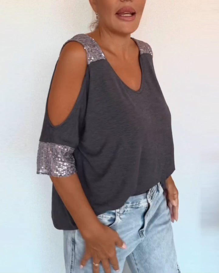 T-Shirt avec Patch de Séquins en Off - the - Shoulder