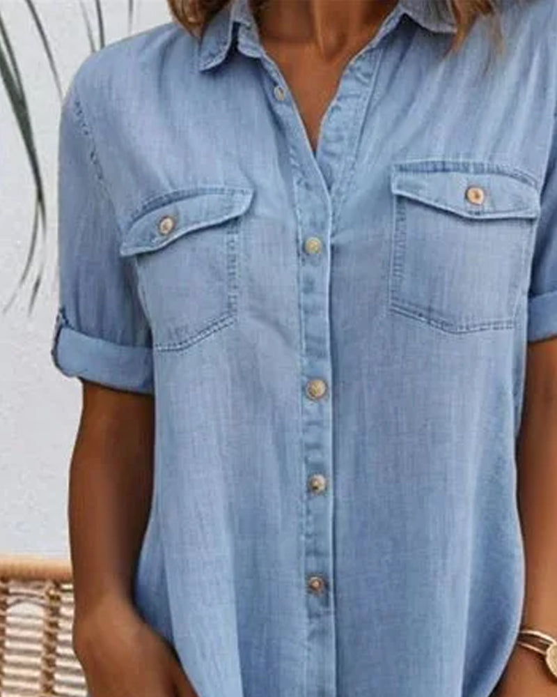Robe Manches Courtes Col Solide Bouton