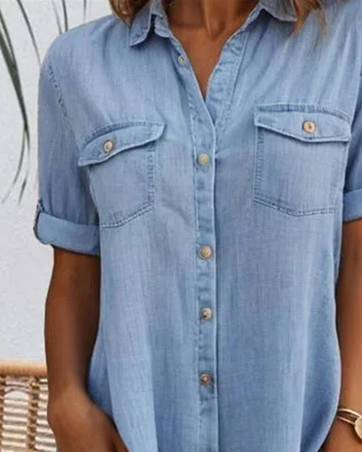 Robe Manches Courtes Col Solide Bouton