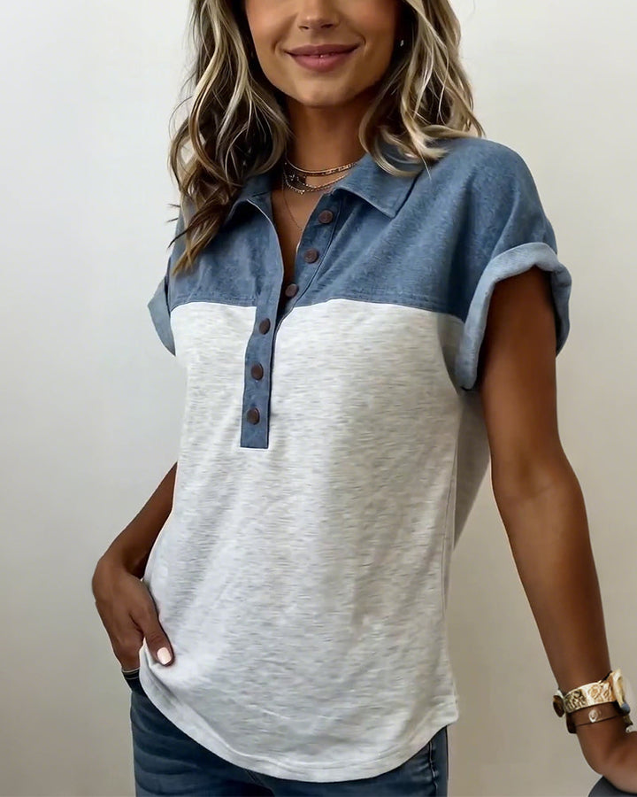 T-Shirt Boutonnage Patchwork Col Retourné