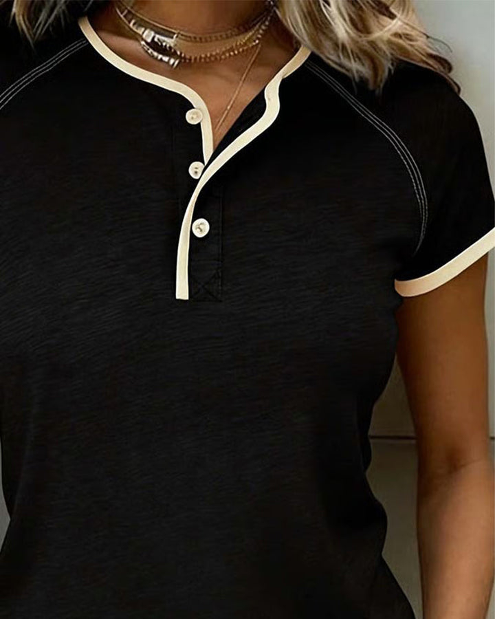 T-Shirt Color Block Boutonné Coupe Ajustée