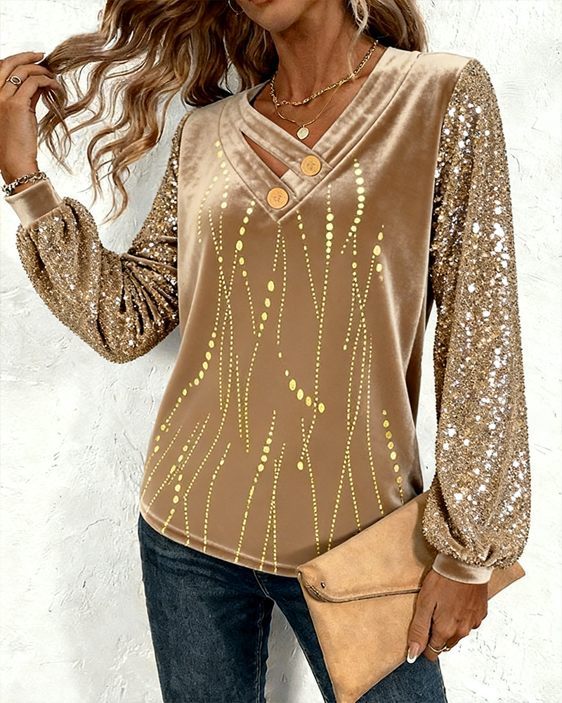 Haut Col En V À Paillettes Velours Patchwork