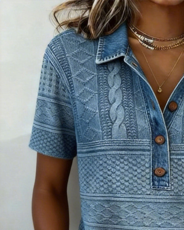 T-Shirt Col Rabattu Denim Imprimé