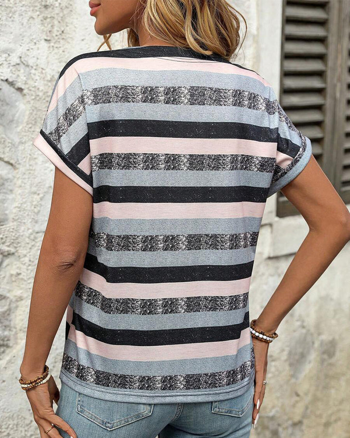 T-Shirt Col En V Trois Boutons Rayé