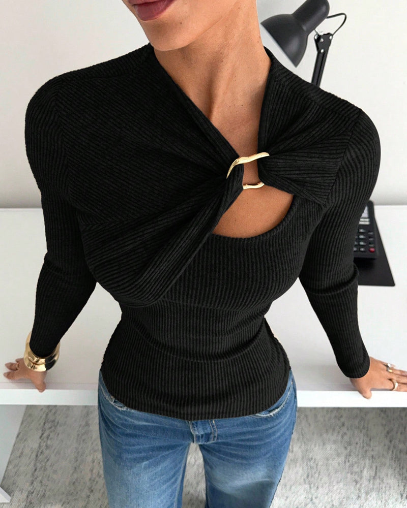 T-Shirt Femme Manche Longue Côtes Tricot Tournant Devant