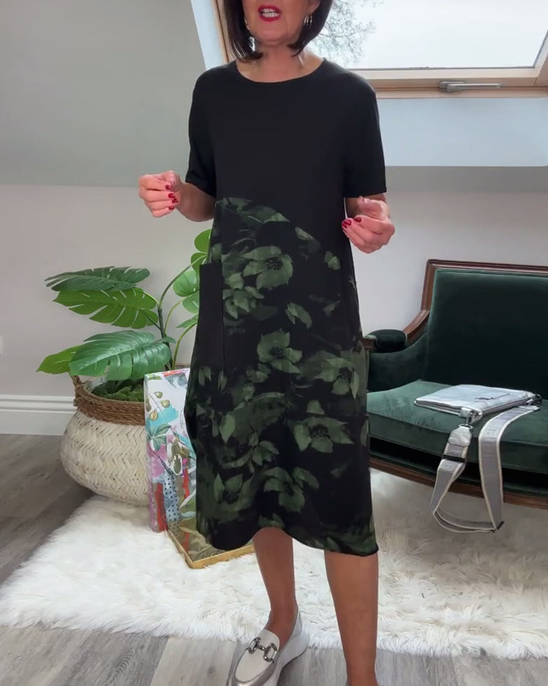 Robe patchwork décontractée à imprimé floral et col rond