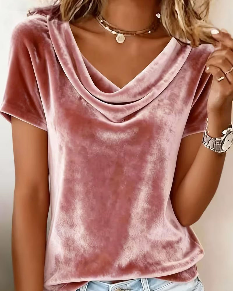 T-shirt Col Drapé Manche Courte Velours
