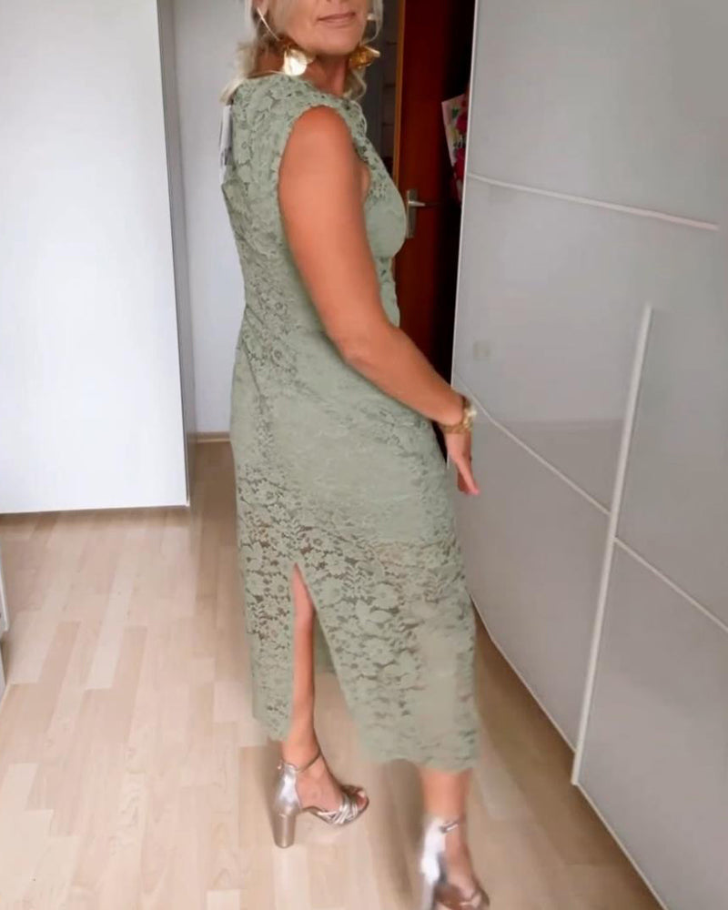 Robe fendue élégante sans manches en dentelle