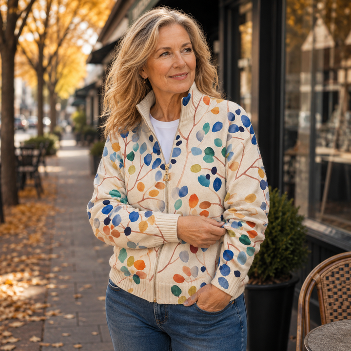 Imogene | Cardigan Zippé Imprimé Feuilles Botaniques