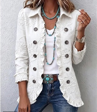 Élodie | Veste boho-chic ivoire brodée à finitions volantées