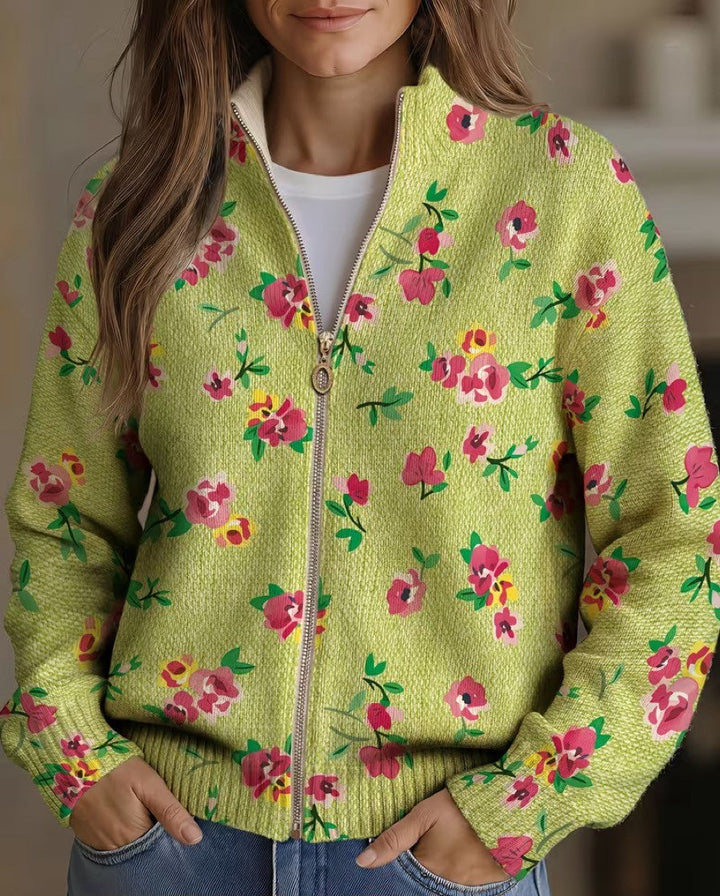 Constance | Cardigan Zippé Fleurs Roses sur Fond Vert Citron