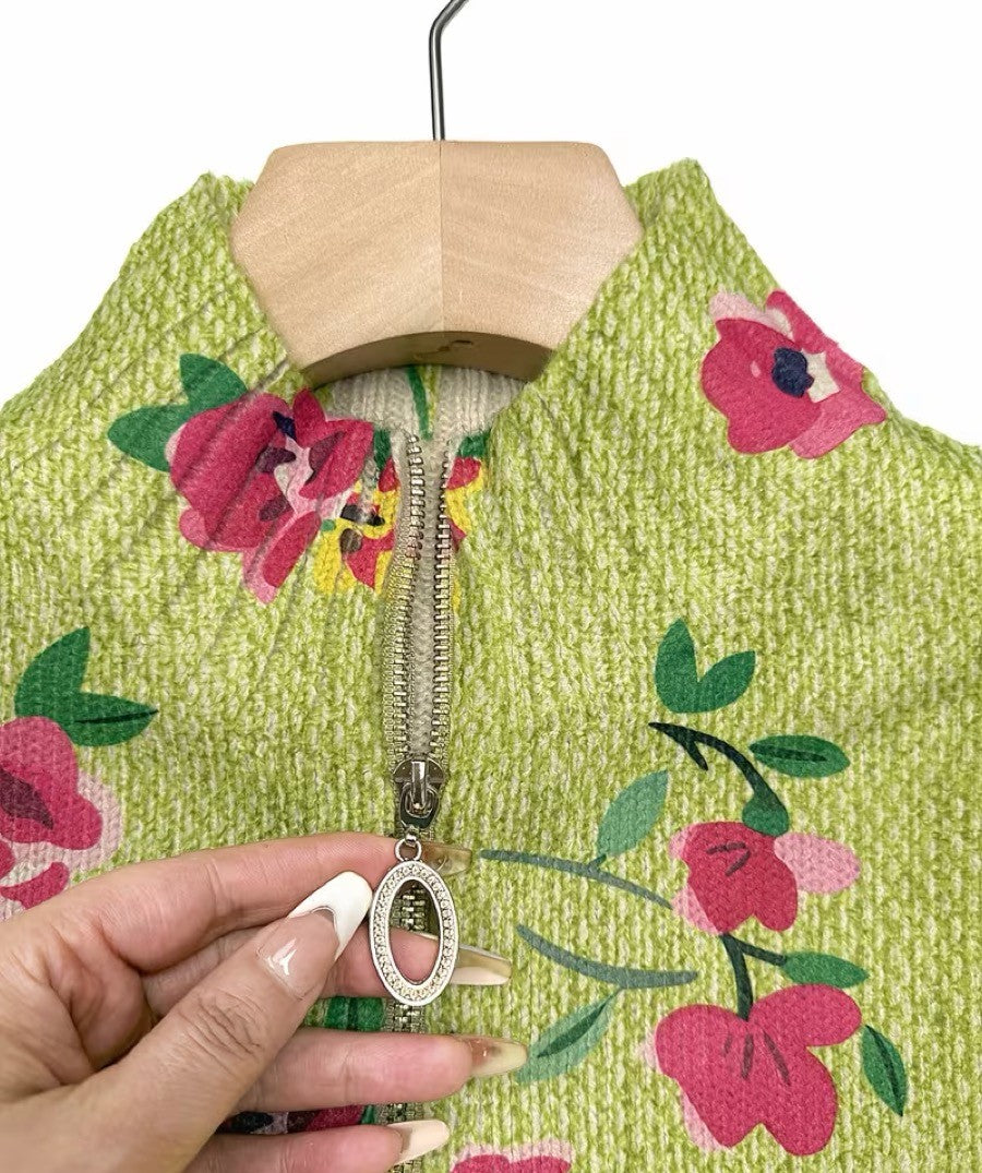 Constance | Cardigan Zippé Fleurs Roses sur Fond Vert Citron