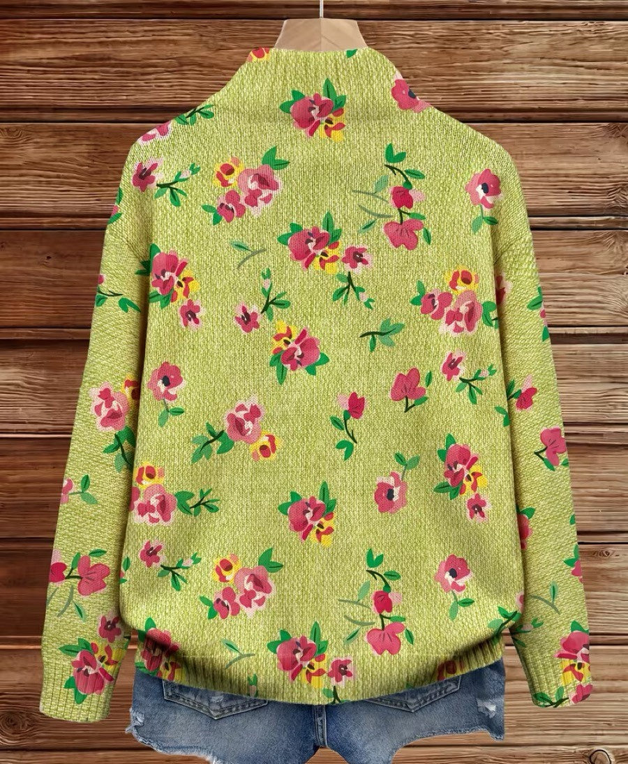 Constance | Cardigan Zippé Fleurs Roses sur Fond Vert Citron