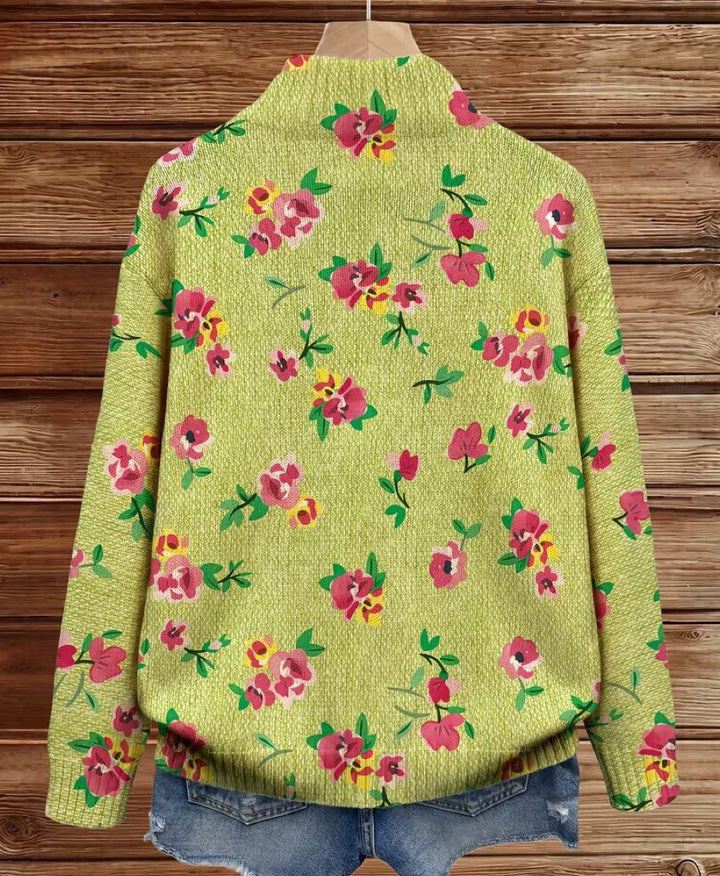 Constance | Cardigan Zippé Fleurs Roses sur Fond Vert Citron