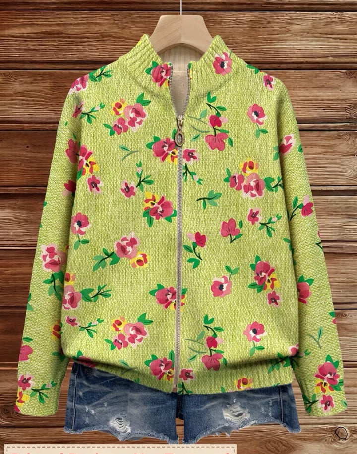 Constance | Cardigan Zippé Fleurs Roses sur Fond Vert Citron