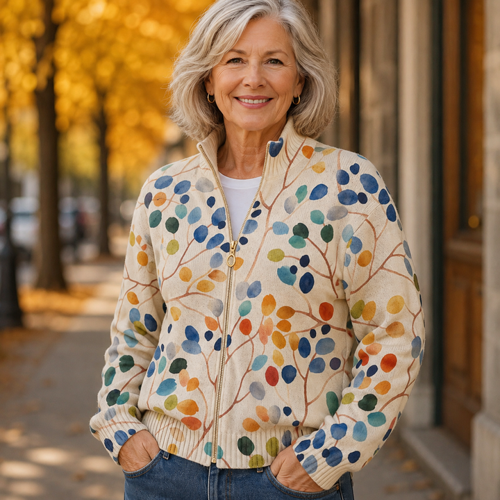 Imogene | Cardigan Zippé Imprimé Feuilles Botaniques