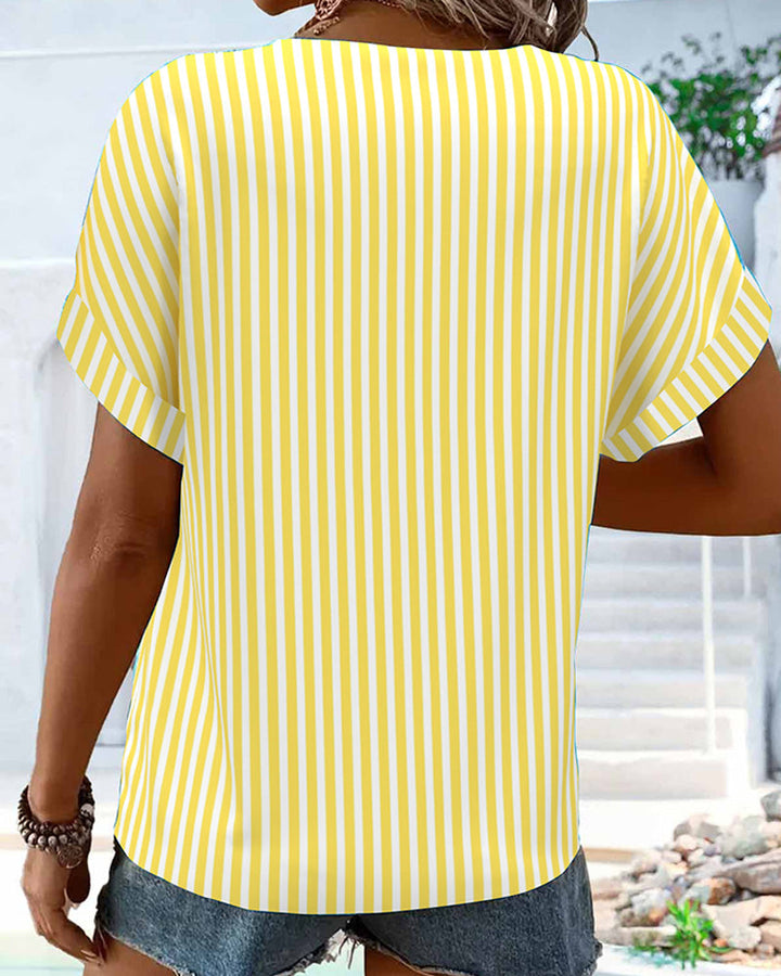 T-Shirt À Col En V Rayée Bloc De Couleurs