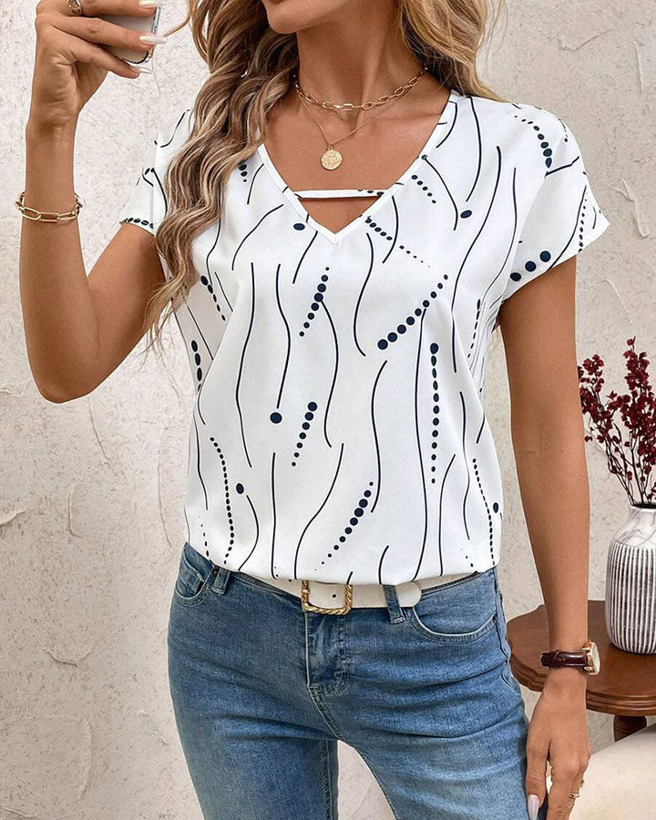 T-Shirt Col V Manches Courtes Imprimé