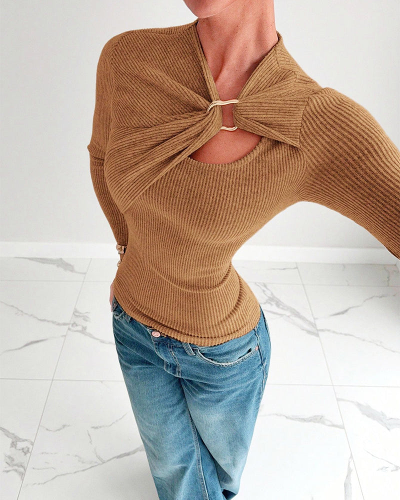 T-Shirt Femme Manche Longue Côtes Tricot Tournant Devant