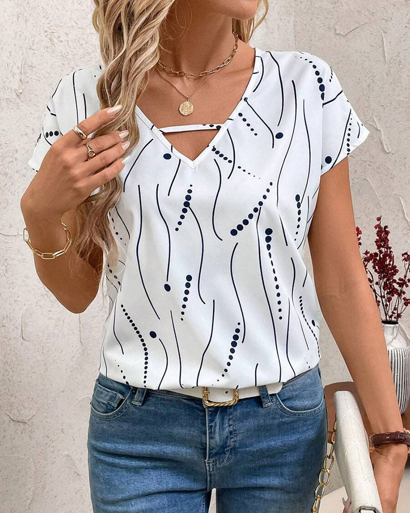T-Shirt Col V Manches Courtes Imprimé
